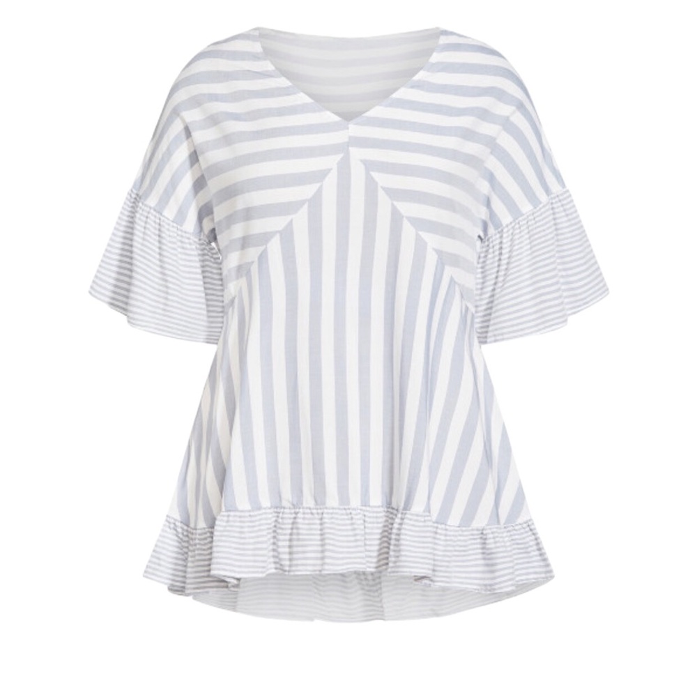 Evans Avenue 30/32 Hattie Stripe Top Tunic Blue White Ruffle Preppy Feminine - Picture 3 of 6
